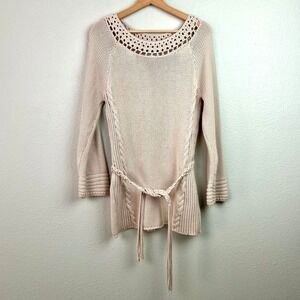Spiegel Vtg Beige Crochet Neck Belted Tunic‎ Sweater Women's Medium Boho Coastal